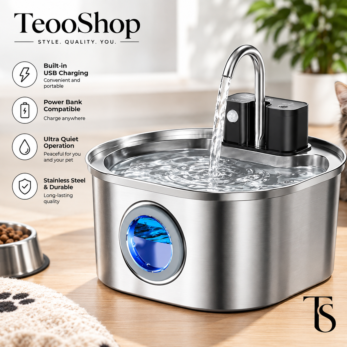 TeooPaw™ — 3L Cordless Stainless Steel Motion Sensor Pet Water Fountain